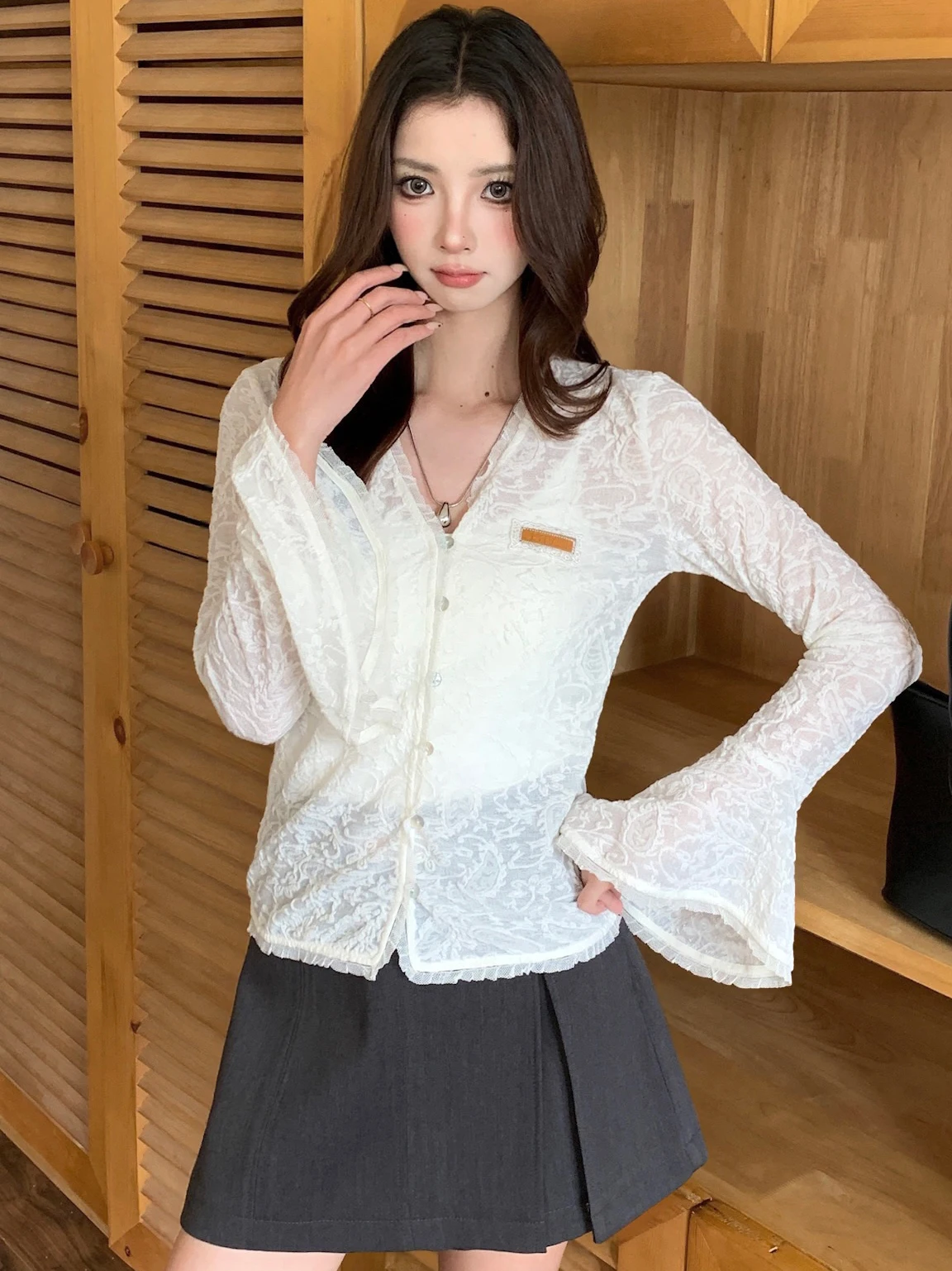 

Ele Long Sve Lace Bell Sve Top Slimming Faionable Autumn Winter New Arrival Yellowi Beige Color by Isni Store
