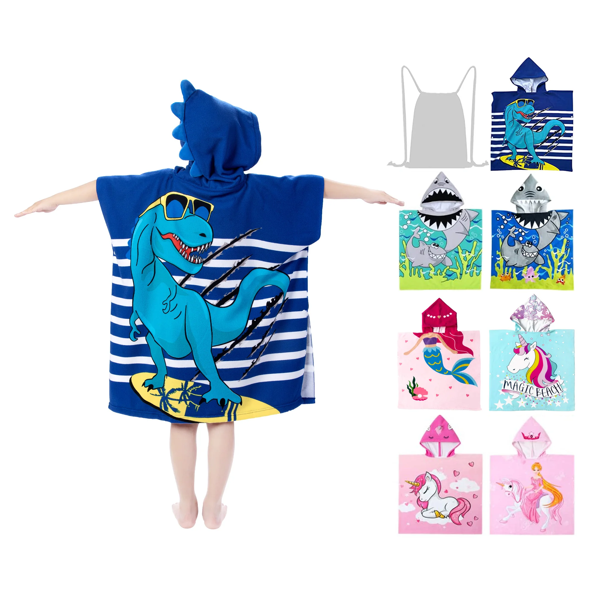 Dinosaur Hooded Kids Beach Towels Toddler Swim Cover-ups for Ages 4 to 10 Kids Pool Towels Lightweight Soft Microfiber Poncho
