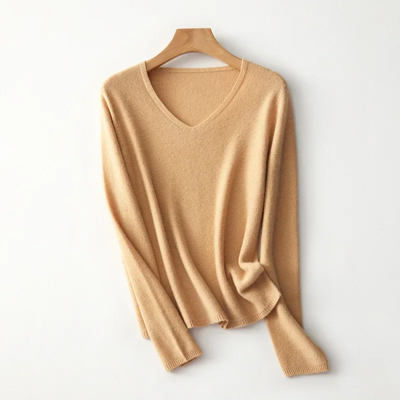 

Tcyeek 100%Wool Shiny Seamless One Piece Sweater Comfortable Soft V-Neck Long Sleeve Women's Underlay Autumn Winter T3N260QC