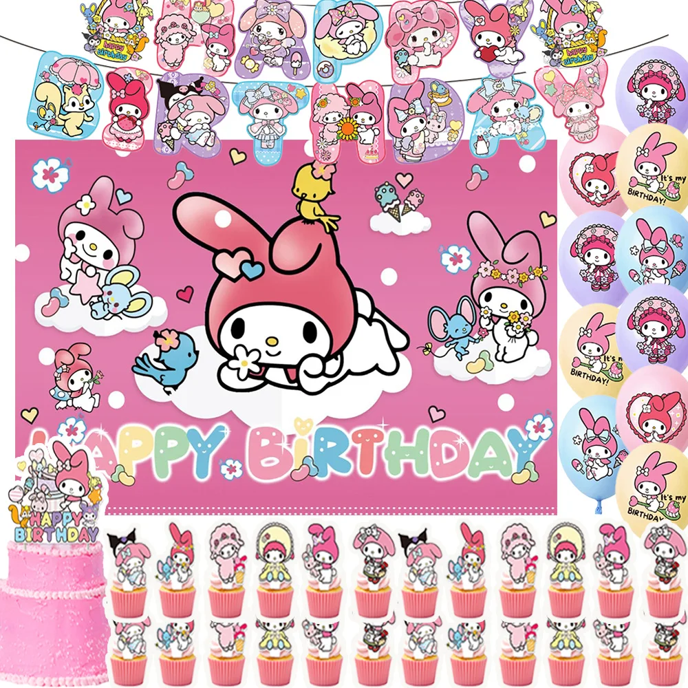 

MINISO My Melody Girl Birthday Party Supplies Decoration Kawaii Sanrio Series Balloon Banner Backdrops Cupcake Topper Kids Gifts