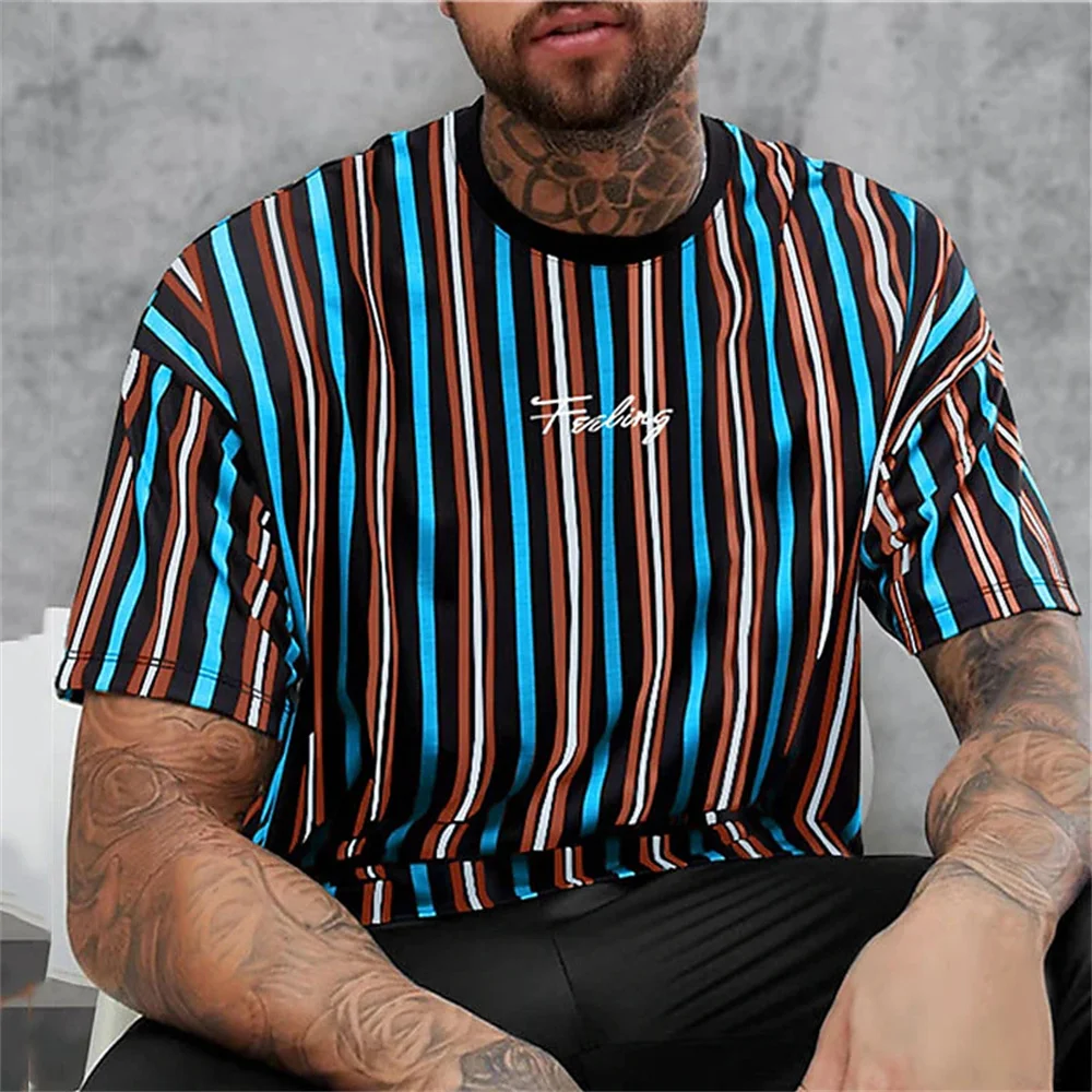 Striped T-Shirt For Men Letters 3d Printed Men\'S Clothing Loose Oversized-Shirt Street Trend Short Sleeved Daily Casual Tees Top