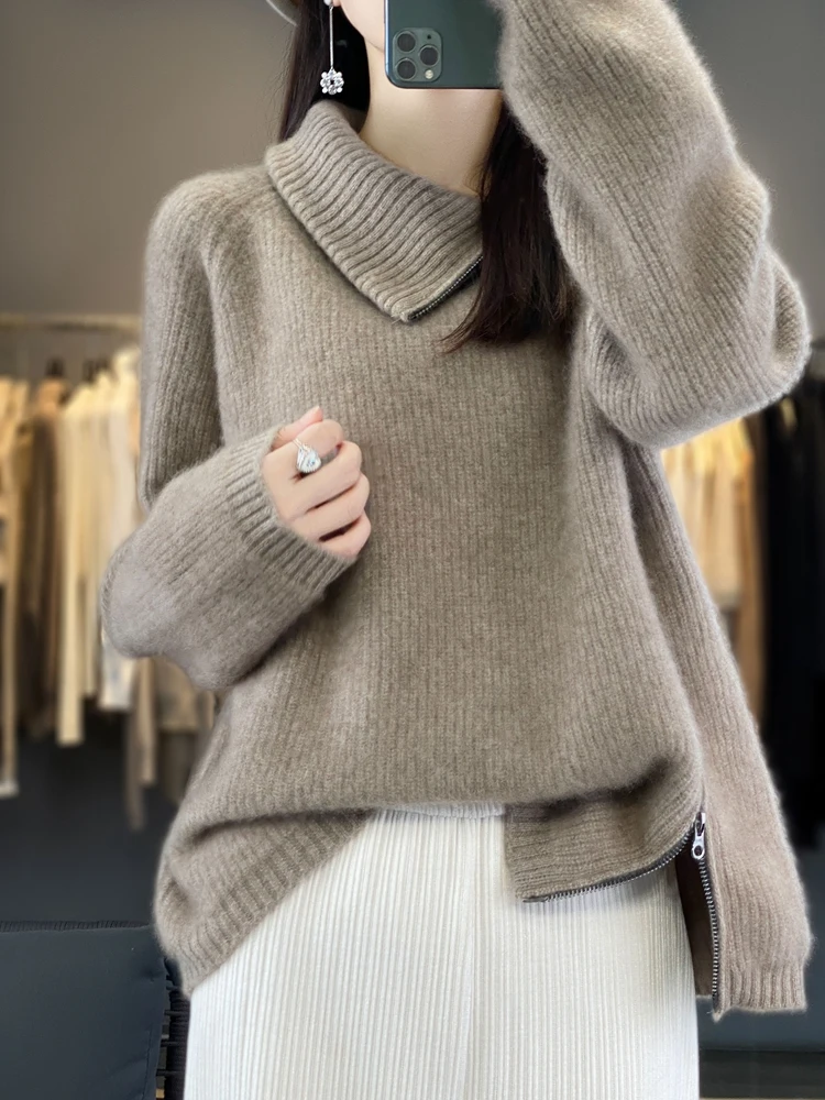 Women Turtleneck Zipper Cardigan Autumn Winter 100% Merino Wool Sweater Casual Thick Warm Cashmere Knitwear Korean Fashion Tops