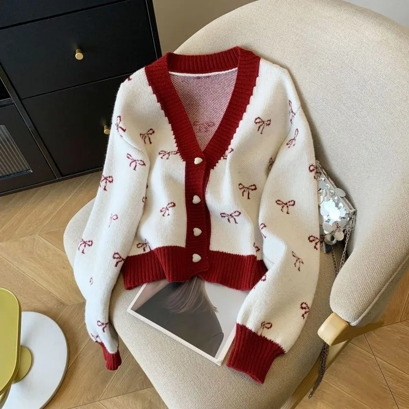 Casual Sweet Bow Cardigan Woman Autumn Winter Korean Classic Preppy Style Knitted Coats Y2K Vintage Contrast Color V-Neck Tops