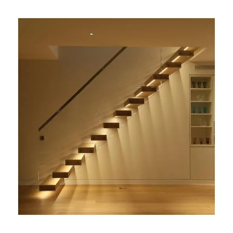 Escalera moderna de vidrio de acero recto, iluminación led, escalera flotante de vidrio, peldaños de madera, escalera flotante, escaleras prfabricadas