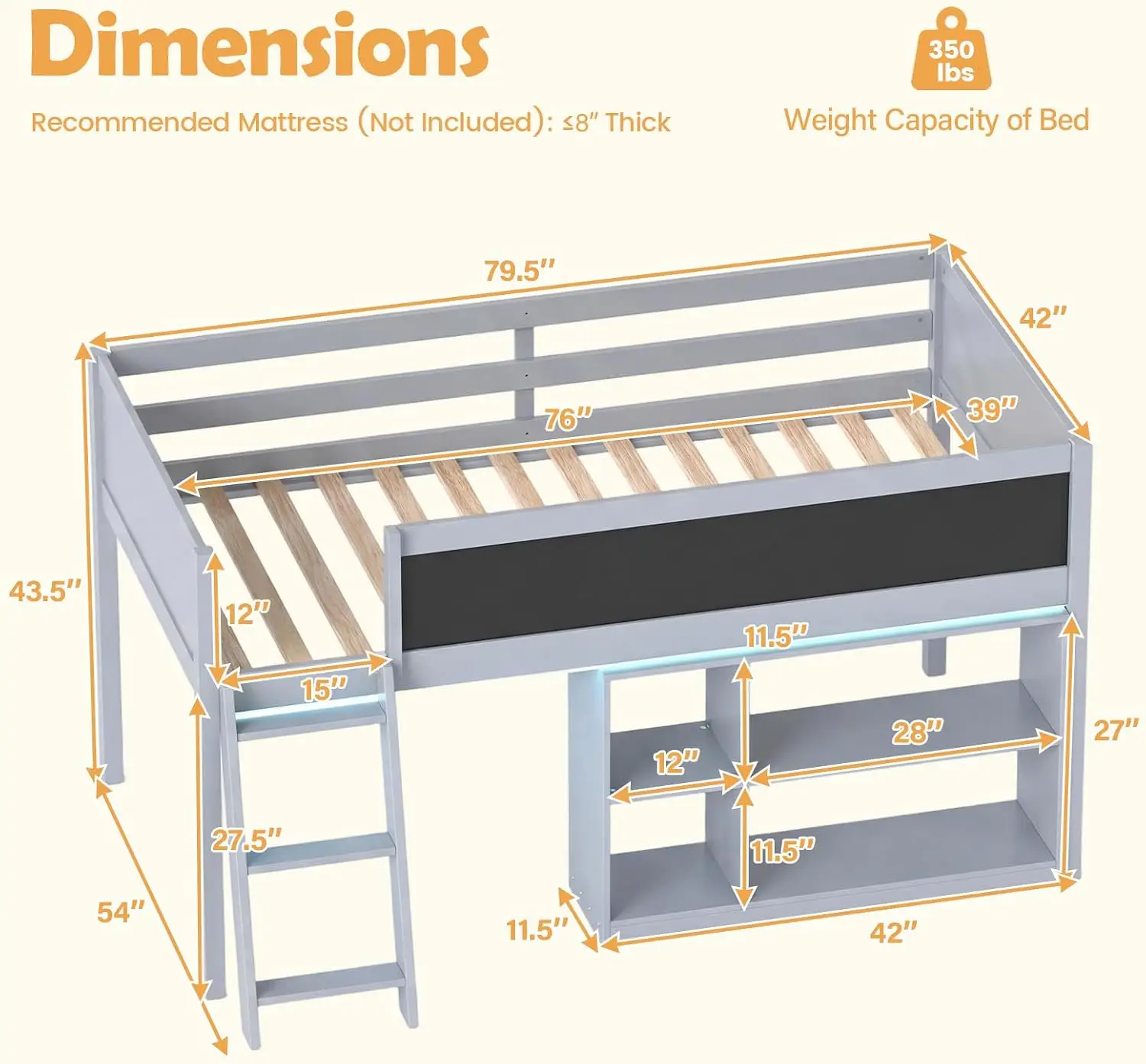 KOMFOTT Twin Size Low Loft Bed with LED Lights, Kids Wooden Loft Bed Frame with Ladder, Full-Length Safety Guardrail, Movable Bo