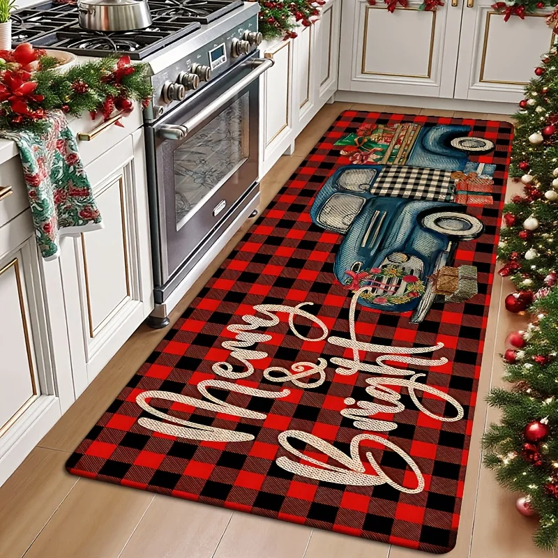 Buffalo Plaid Merry Bright Truck Entryway Area Rug Kitchen Runner Rug Bedroom Living Room Laundry Floor Mat New Year Gala