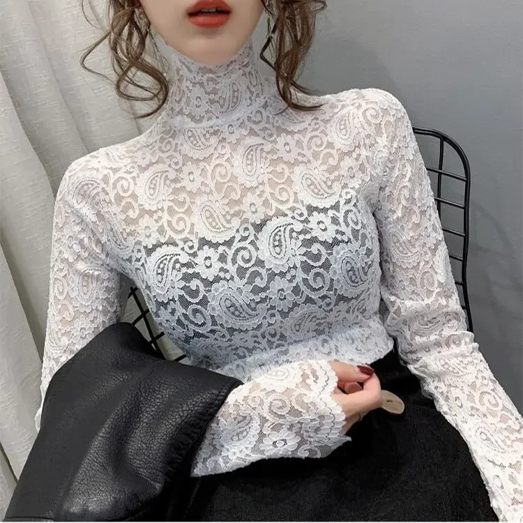 Women\'s Lace Turtleneck Grenadine Tight Lace Shirt Sexy Top Blusas Ropa De Mujer