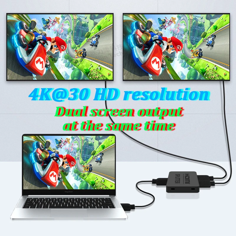 HDMI docking station with one in and two out HDMI split screen 4K 30HZ display with Micro USB power supply for laptops TVs game