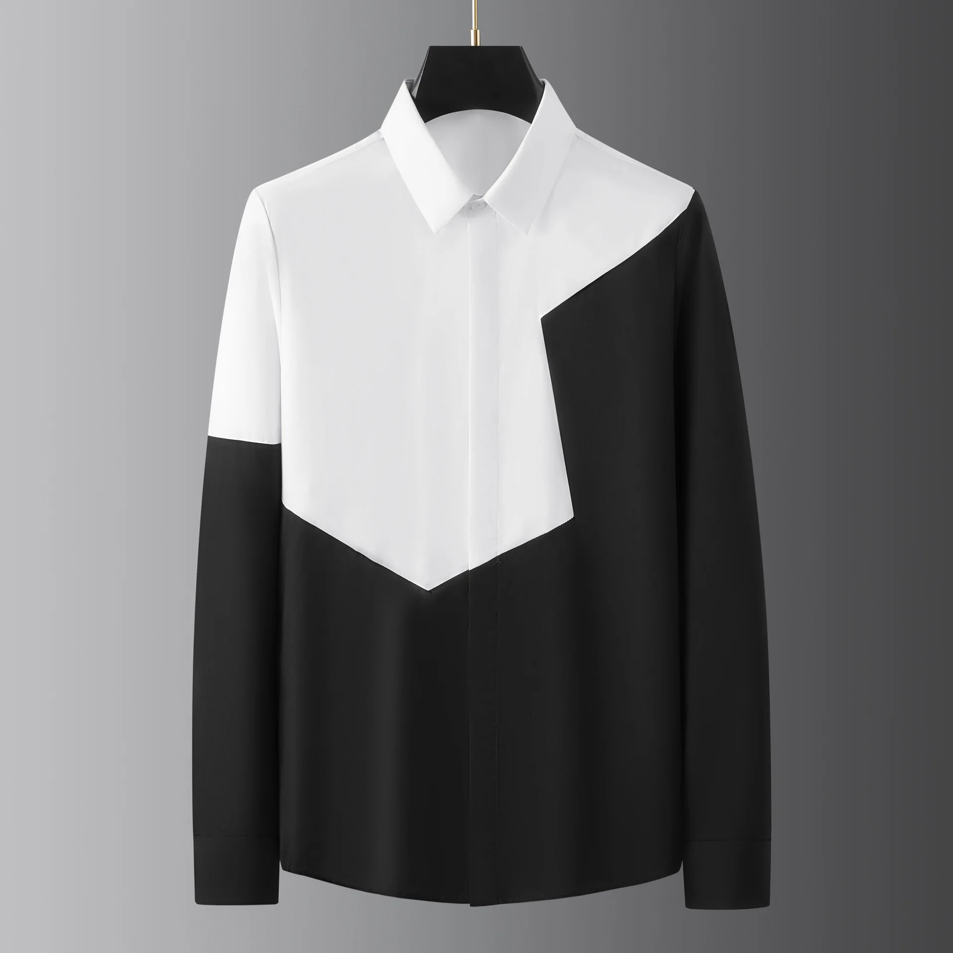 Autumn fashion brand new black and white patchwork men's clothing light luxury handsome color blocked long sleeved shirt