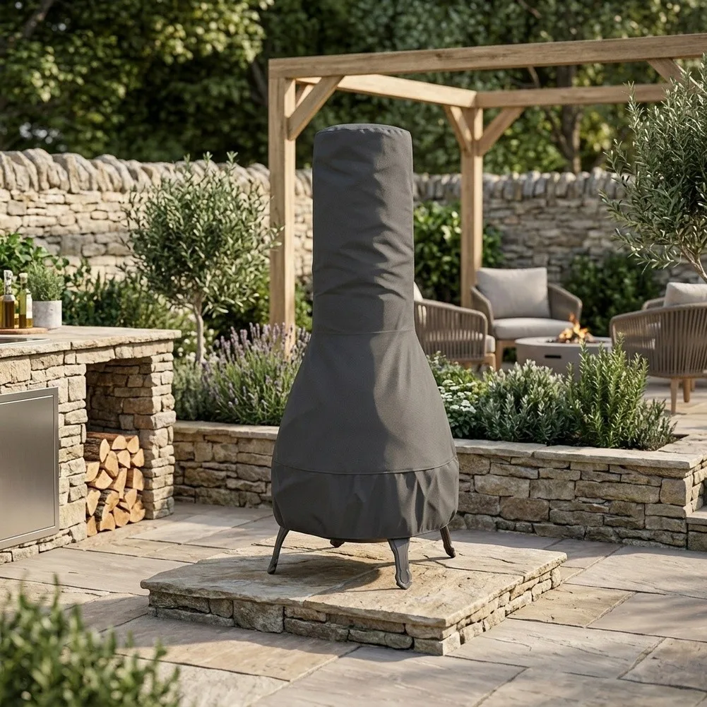 Waterproof Black Fireplace Cover 61x21x122cm 190T Silver Fabric Rainproof Stove Dust Protector For Outdoor Chiminea Patio Garden