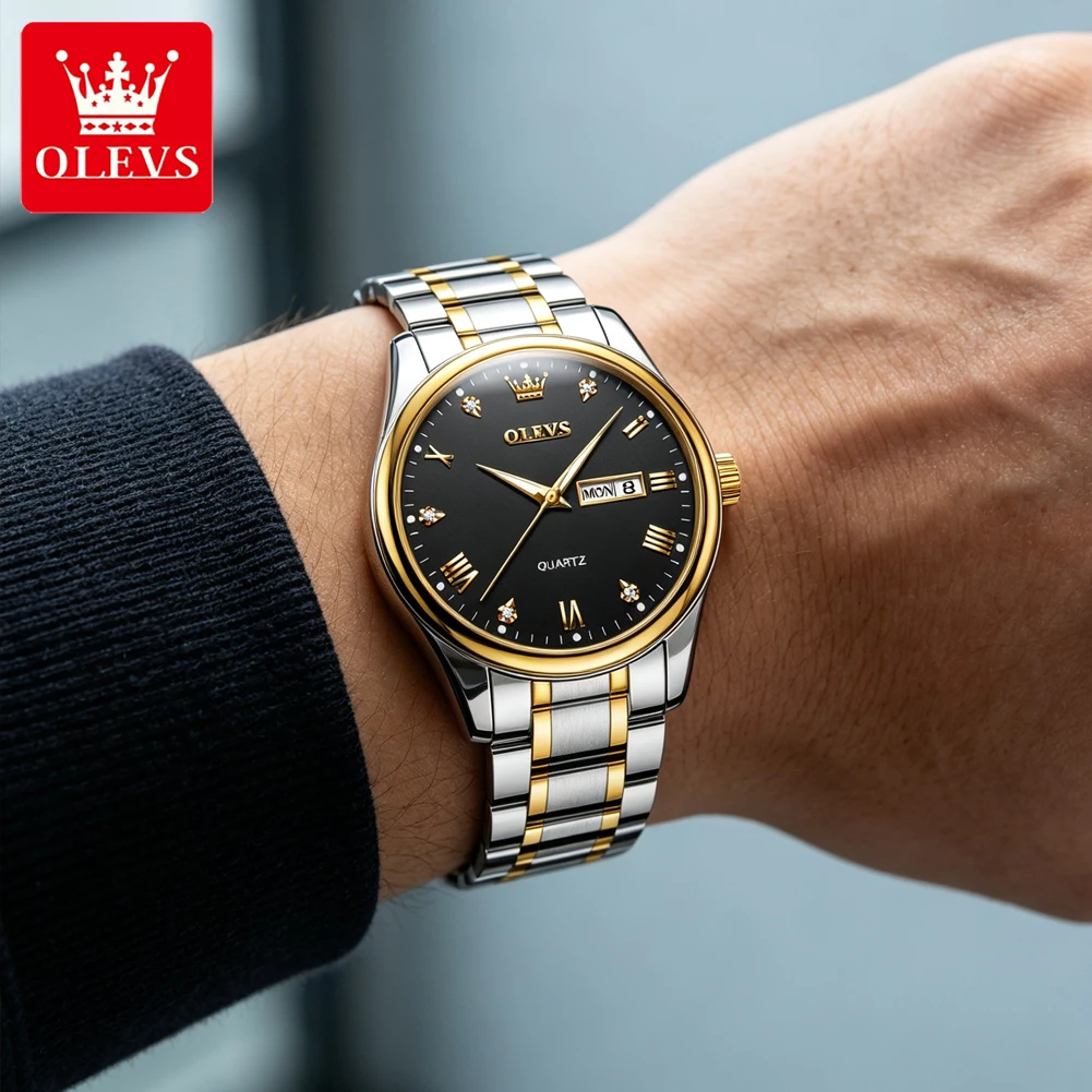 OLEVS Men's Luxury Stainless Steel Watch, Big Face Gold Silver Two Tone Analog Quartz Watch, Easy to Read Waterproof Day Date