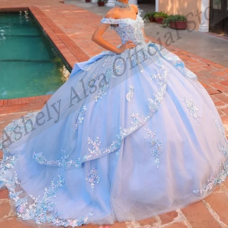 Robes de Quinceanera mexicaines bleu ciel personnalisées pour femmes, robe de Rhen dentelle, robe de Rhde perles, robe de fête d'anniversaire, Off Initiated, AQ33