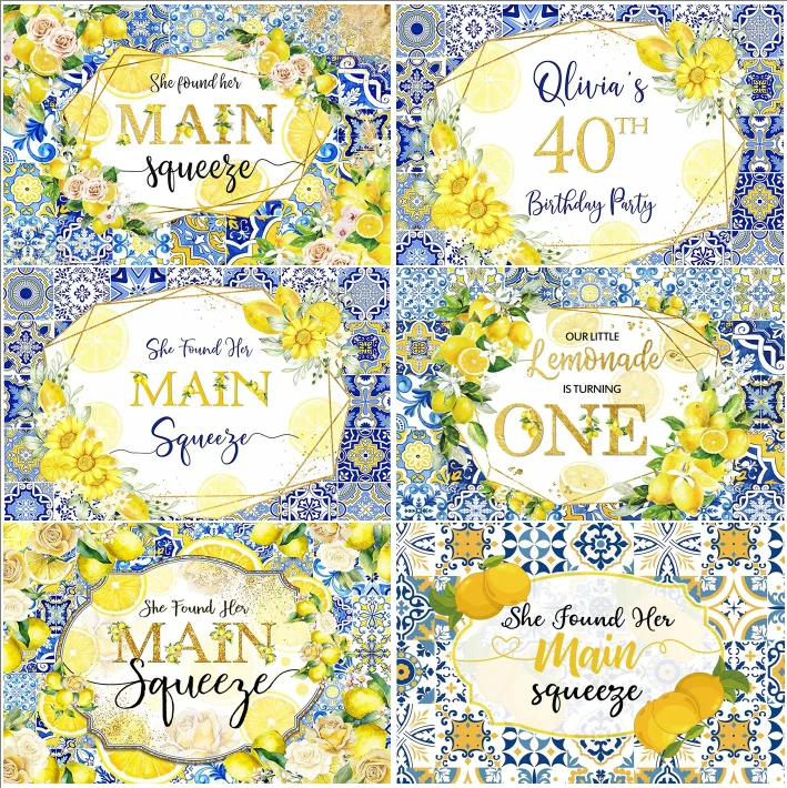 

Lemon Royal Blue Tile Wall Photo Booth Backdrops Sweet One Birthday Party She Found Her Main Squeeze Bridal Wedding Backgrounds