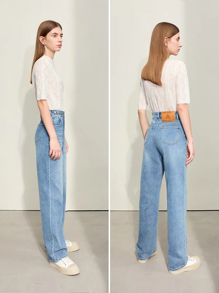 AMII Minimalism Jeans For Women 2024 Spring New Row Buckle Straight Denim Blue Pants Basics Casual Retro Pants Female 12441245