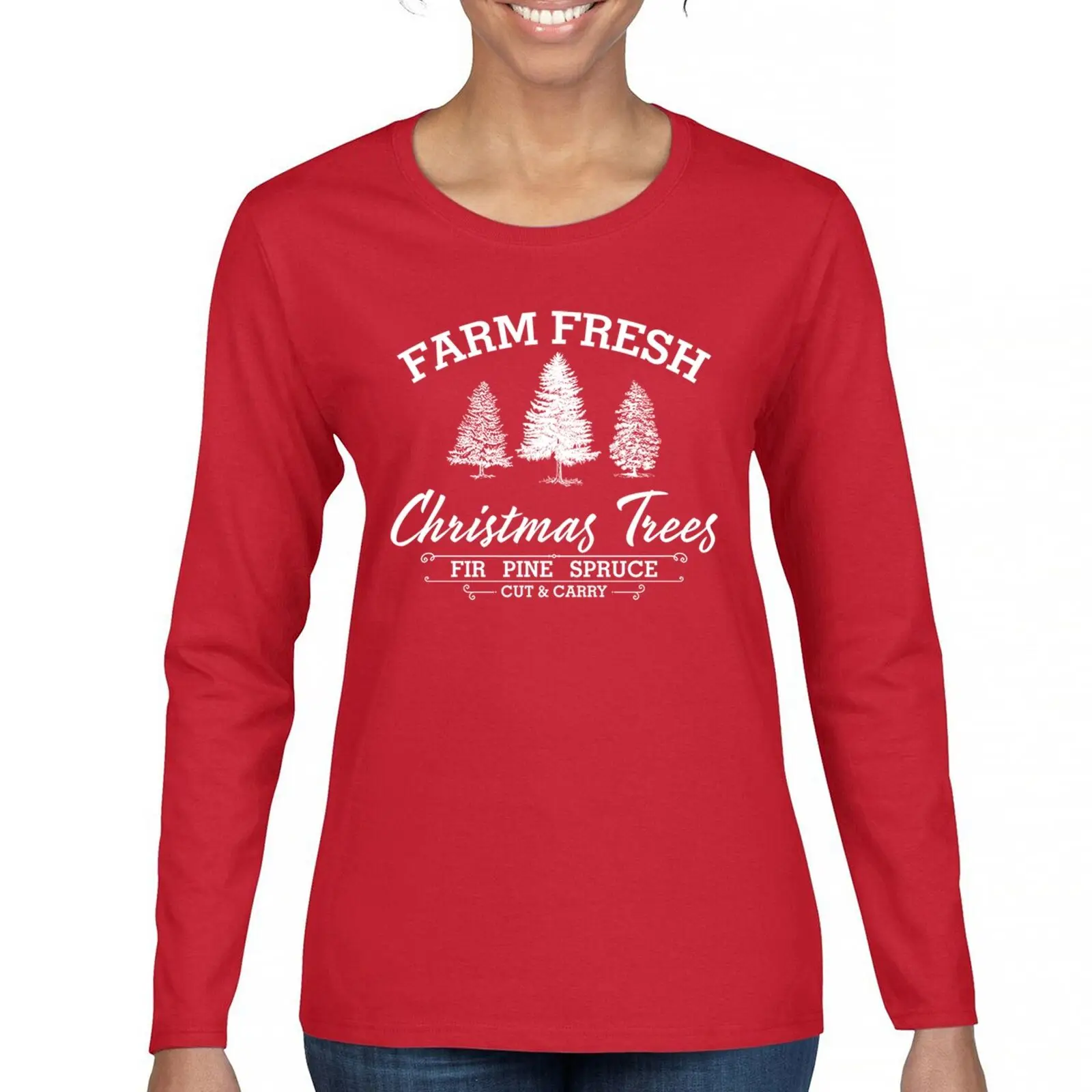 Farm Fresh Christmas Trees Women's Long Sleeve T-shirt Xmas Holiday Spirit Joy