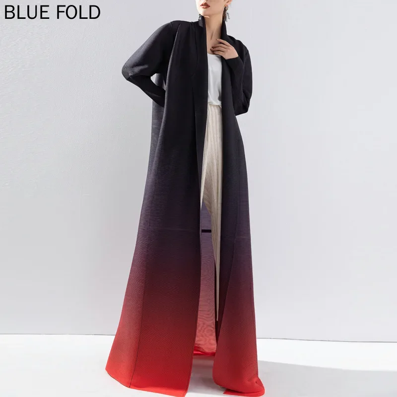 MIYAKE-Pleated Trench Coat for Women Fashionable and Loose-Fitting Printed Gradient Lapel Bat Sleeves Long Trench Coat High-end