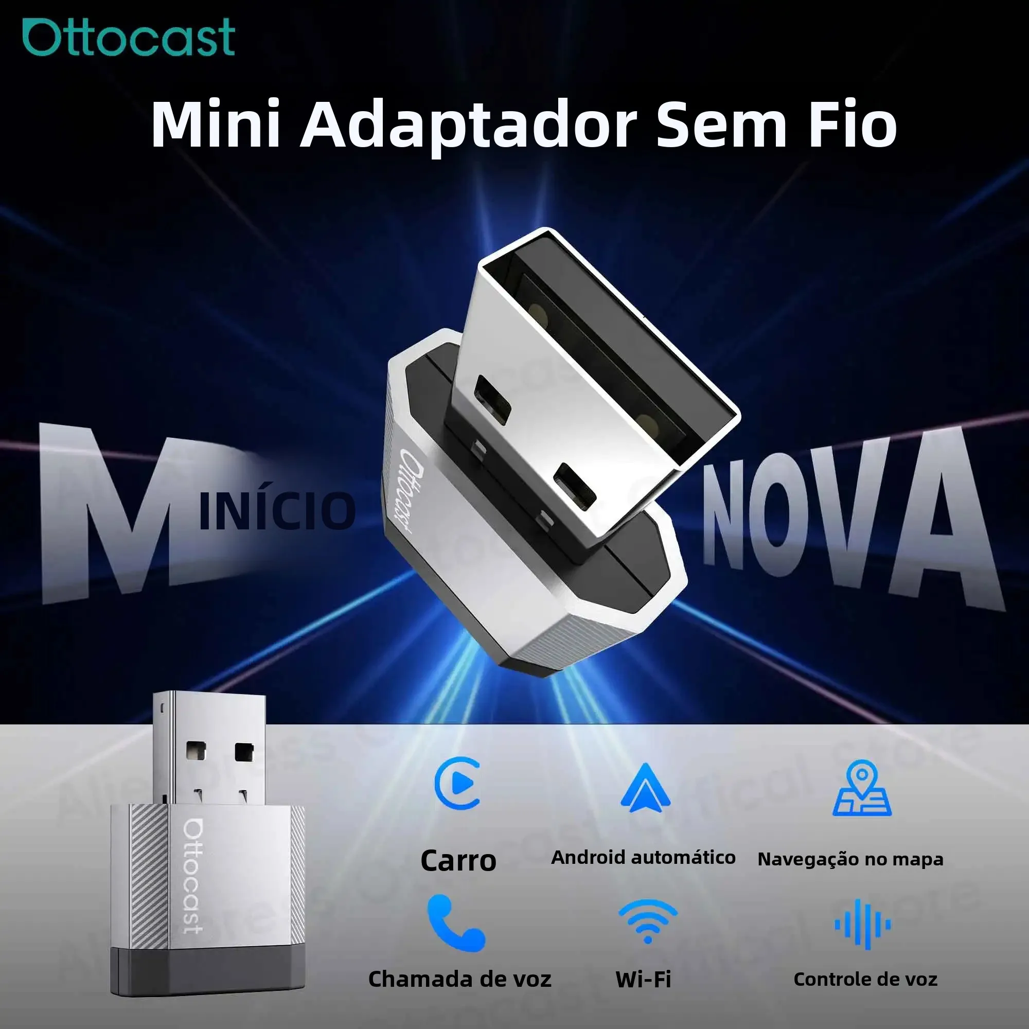 Adaptador OTTOCAST Mini Nova 3.0 Wireless CarPlay Android Auto Bluetooth WiFi Acessórios para Carros Toyota VW Ford Chevrolet Hyundai