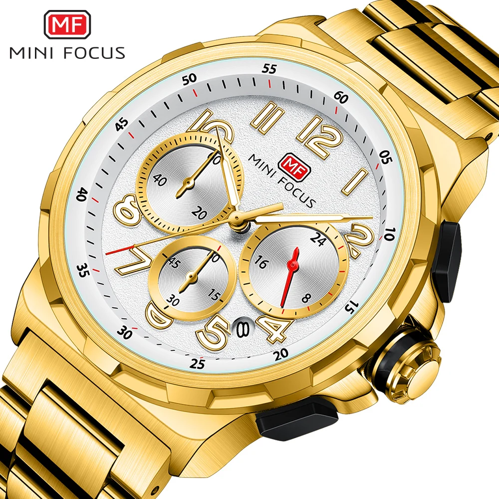 

MINIFOCUS Fashion Business Men Multifunctional Golden Sports Watch Waterproof Stainless Steel Mens Quartz Chronograph Wristwatch