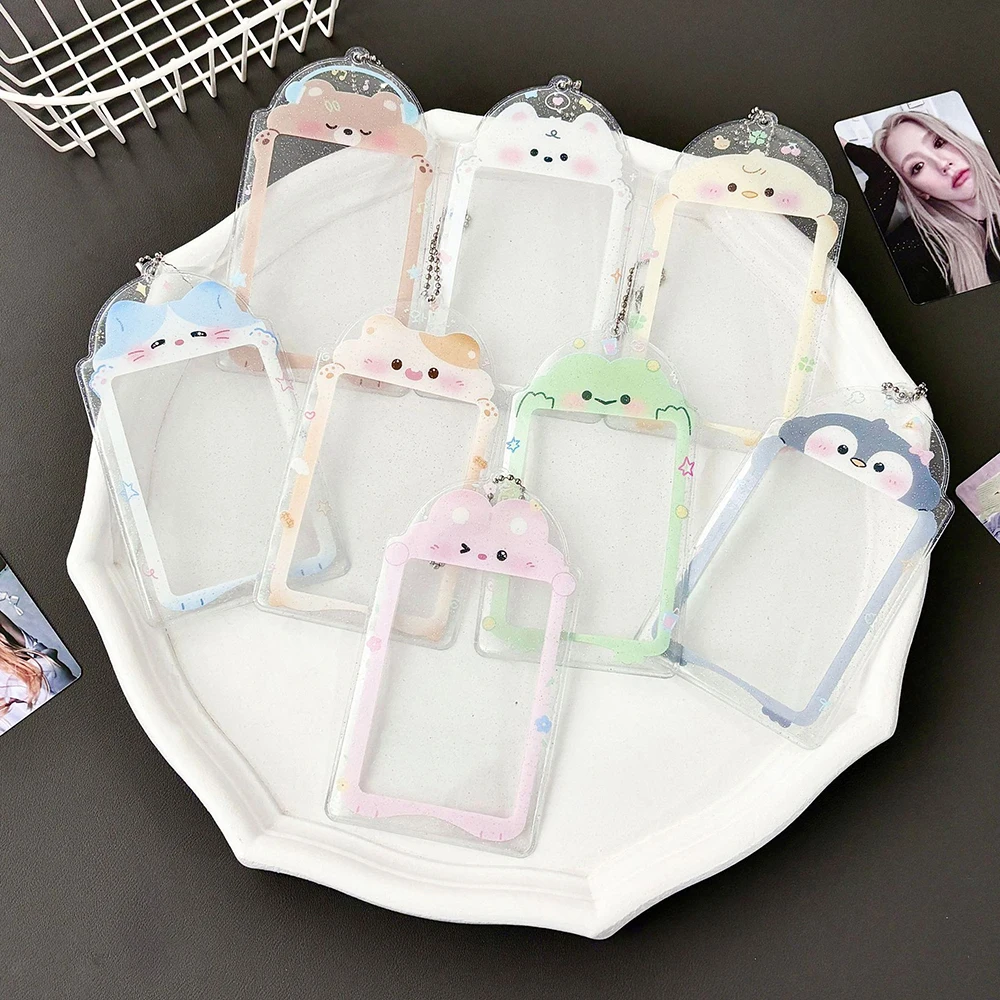 INS Cute Cartoon Photocard Holder PVC Glitter Keychain 3 Inch ID Badge Holder Student Bus Card Credit ID Bank Card Holder