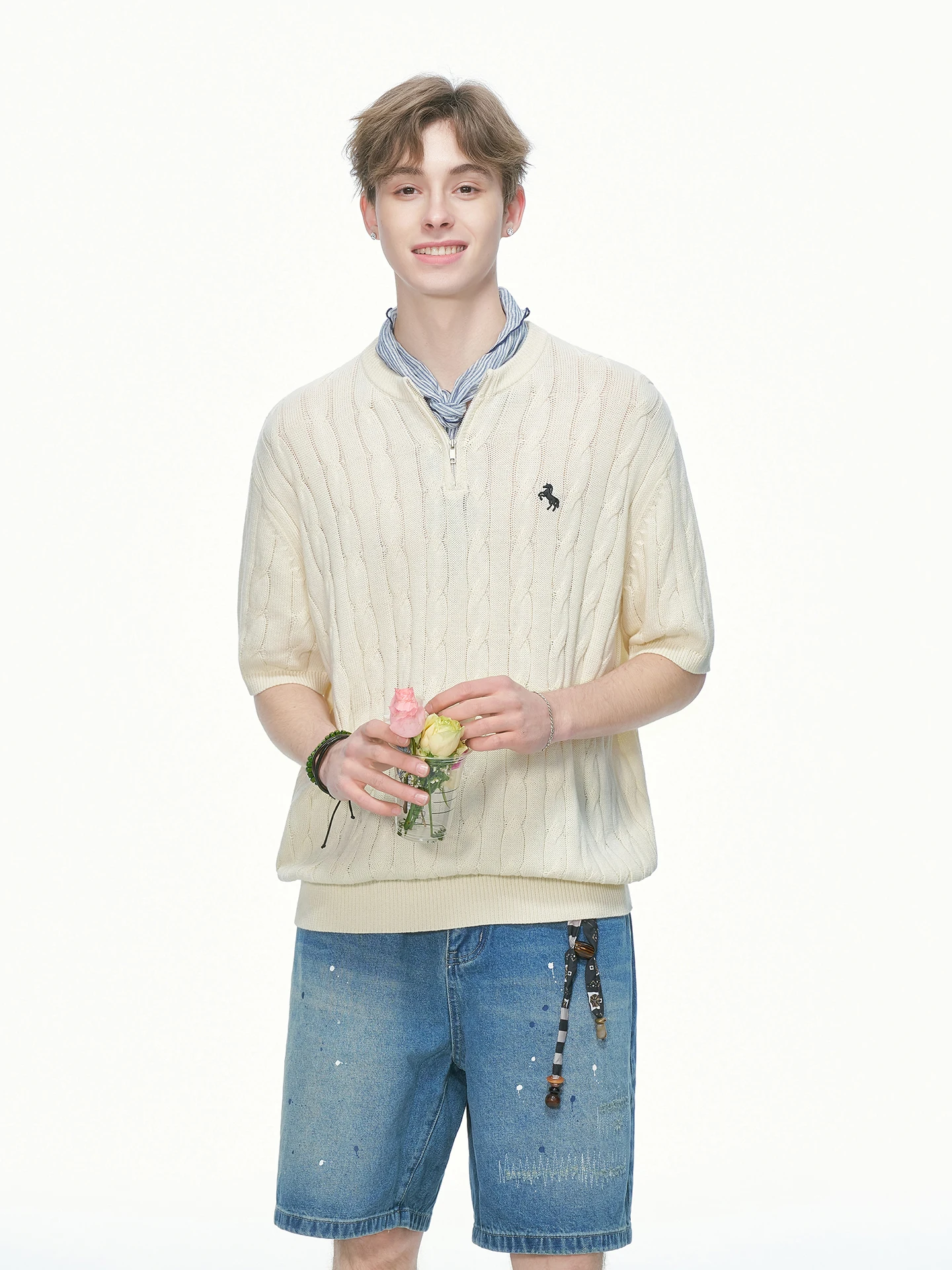 Dream Made Embroidered Knitwear Half Zip Short Sleeve Men's T-Shirt Summer Lightweight Luxury Cotton Blend Loose Fit V-Neck