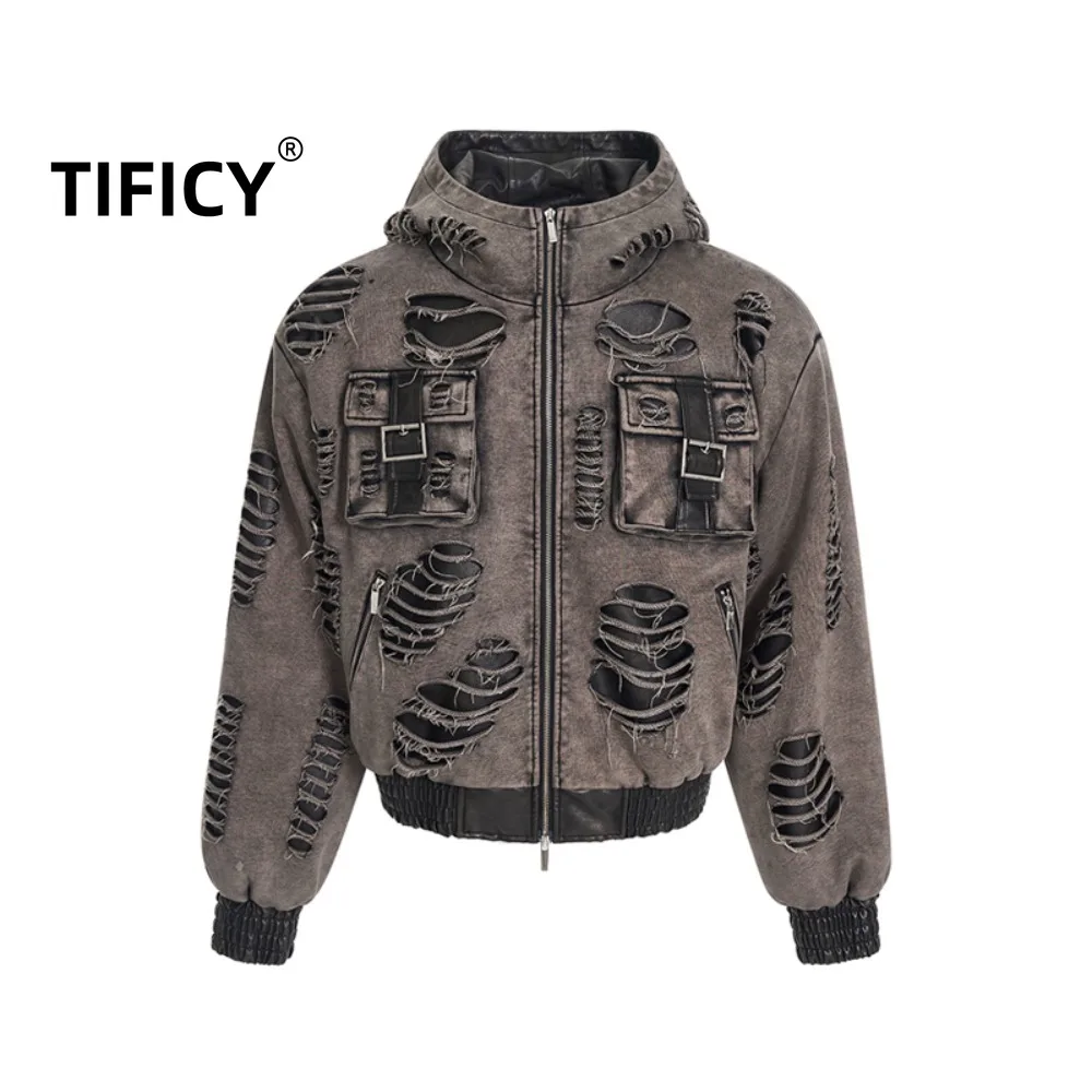 

Wasteland Washing Water To Make Old Hooded Jackets Men Autumn and Winter with Holes Patchwork Leather Hoodies and Jackets