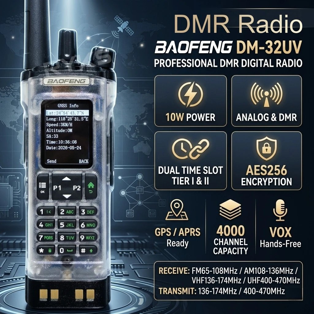 Baofeng Dm-32Uv Dmr Radio Walkie Talkie 10W Gps Aprs Aes-256 Dual Band Wireless Copy Frequency Type-C Programming Ham Radio