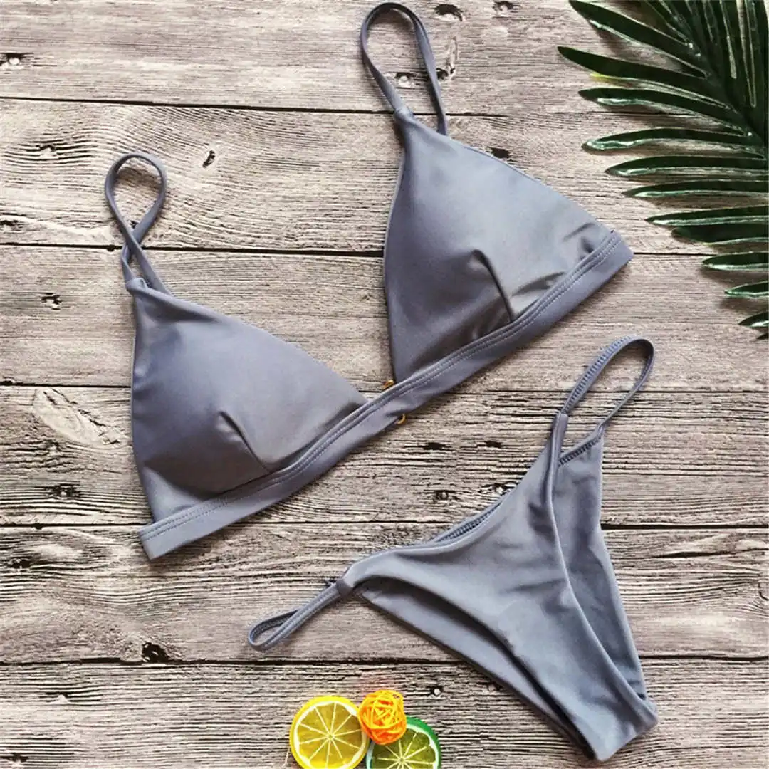 Neuer, verführerischer, gepolsterter brasilianischer Bikini, Damen-Badeanzug, zweiteiliges Bikini-Set, einfarbiger Badeanzug, Damen-Badebekleidung, V64A. – Detail 37