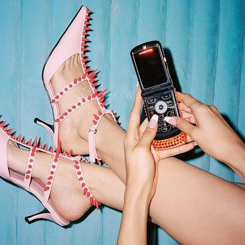 

Spikes Decor Pink Pointed Toe Patent Leather Pumps Ankle Buckle Strap Women Shoes Thin High Heels Party 2025 Zapatos Para Mujere