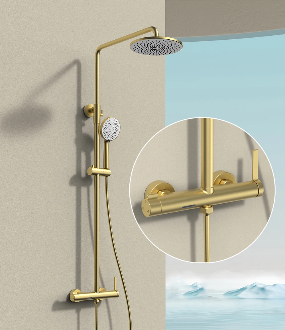 

Luxury Brushed Gold Bathroom Shower Set Wall Mounted Shower Column Mixer Tap Bath Waterfall Shower Faucets Bathtub Shower System