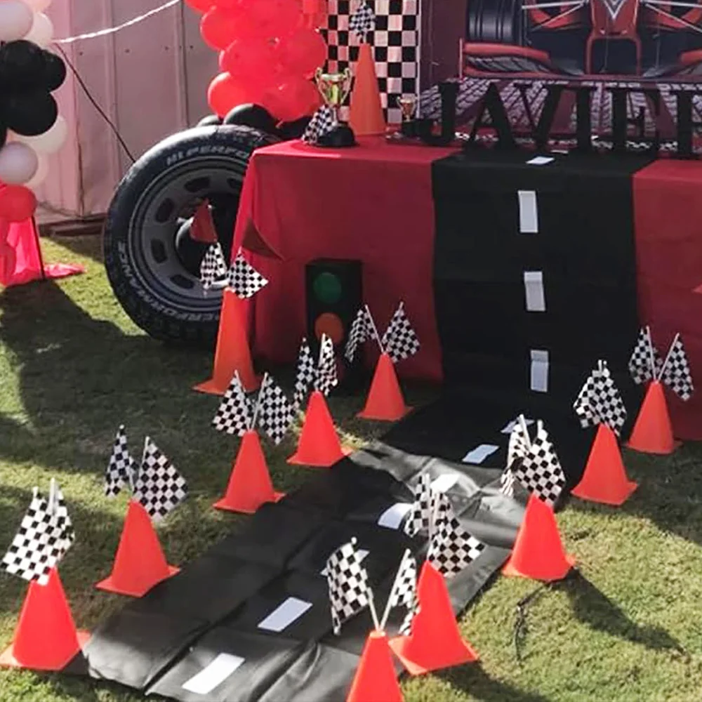 Race Car Theme Party Supplies Traffic Cone with Black White Checkered Flag Orange Red Traffic Cone Kit Car Birthday Decoration