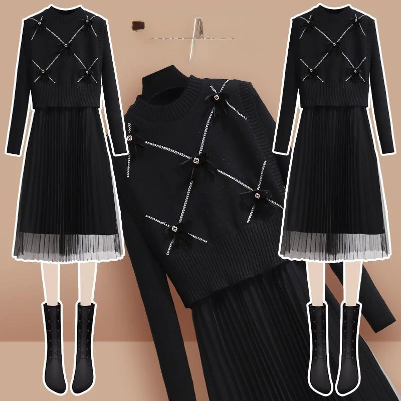 Woman Suit Fashion Loose Sweater High Waist Mid Length Skirt Female Two-piece Set Ladies  Elegant Streetwear  G902