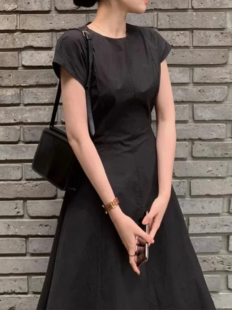 Slimming Long A Word Solid Short Sleeve Dress Women South Korea Chic Summer Age-Reducing Elegant Round Neck Strap Waist Hugging