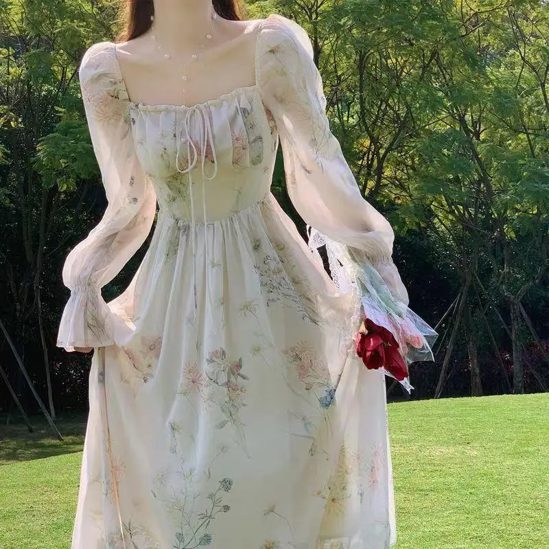Spring Summer New Stunning Long Sleeve Chiffon Dress Fairy Super Fairy Forest Style Gentle Tea Break French First Love Dress
