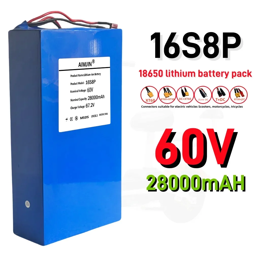 18650 16S8P  60V 28Ah lithium battery pack, battery 3000W high power rechargeable battery + 67.2V charger,