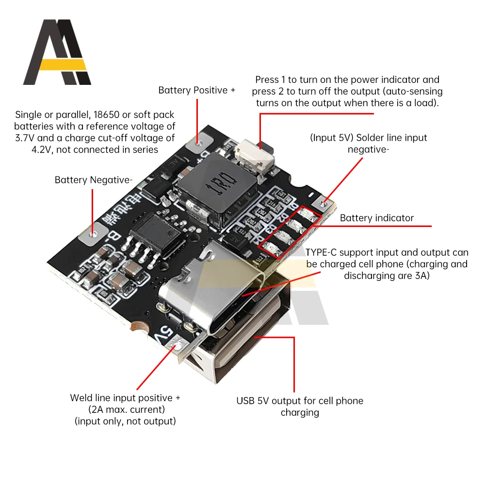 Módulo de Potência Step-Up, Tipo-C USB, 18650 Carga da Bateria de Lítio, Descarga Boost, Placa Ajustável Integrada, 5V, 3.1A