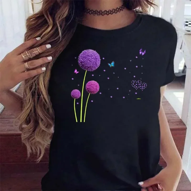 Plus Size Maycaur Women Graphic Cartoon Dandelion Print T Shirt Short Sleeve Ladies Print Clothes Lady Tees Tops Female T Shirt