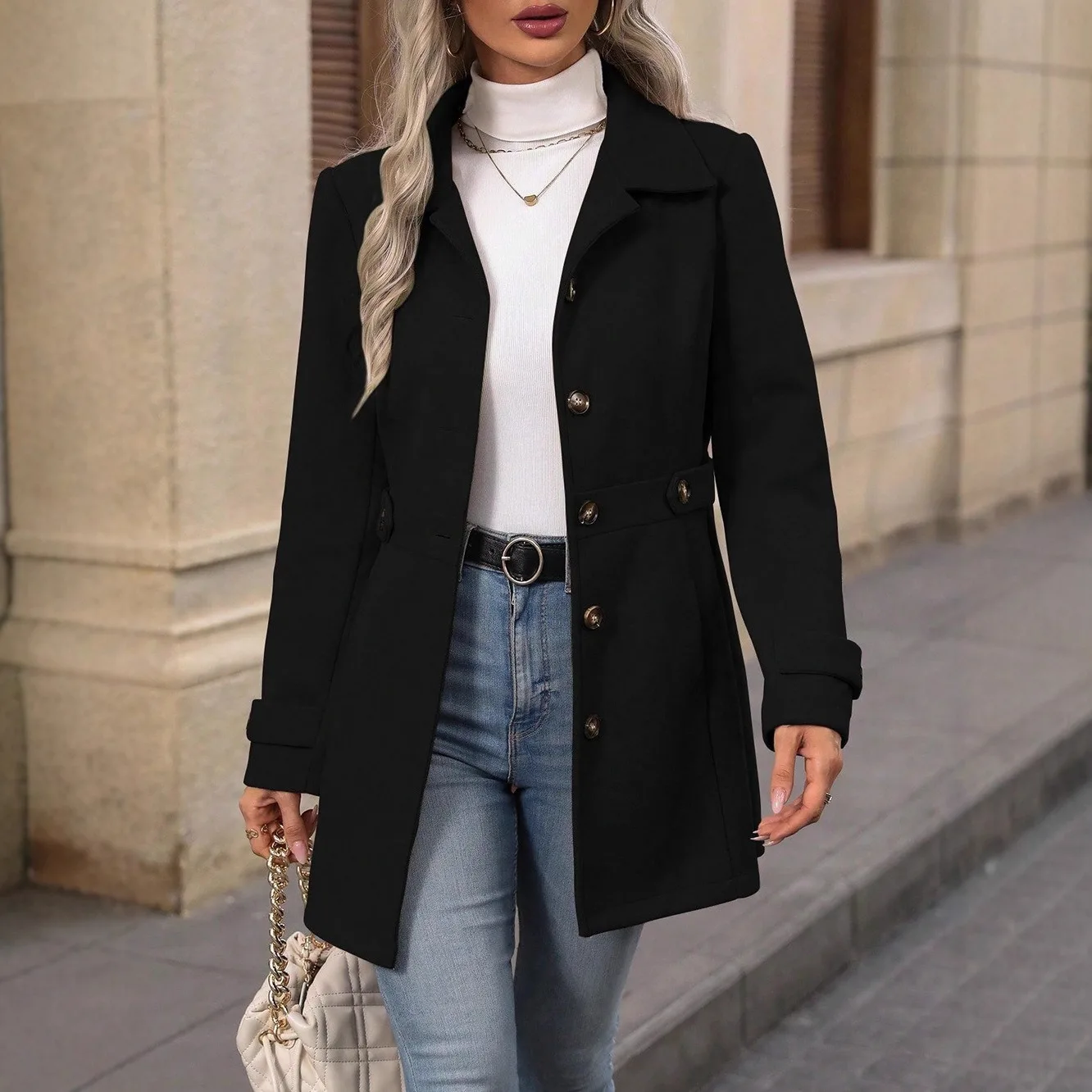 Autumn/Winter New Cross-Border Women's Fashion Flattering Loose-Fit Notched Lapel Single-Row Multi-Button Mid-Length Wool Blazer