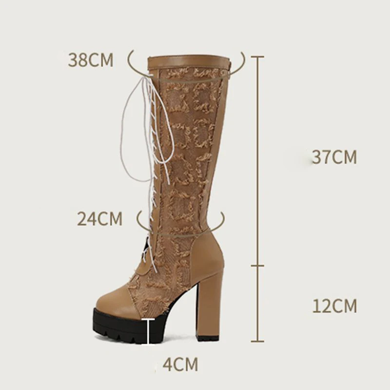 ORCHA LISA Fashion Female Knee High Boots Round Toe Block Heels 12cm Platform 4cm Zipper Lace Up Mixed Color Big Size 46 47 48