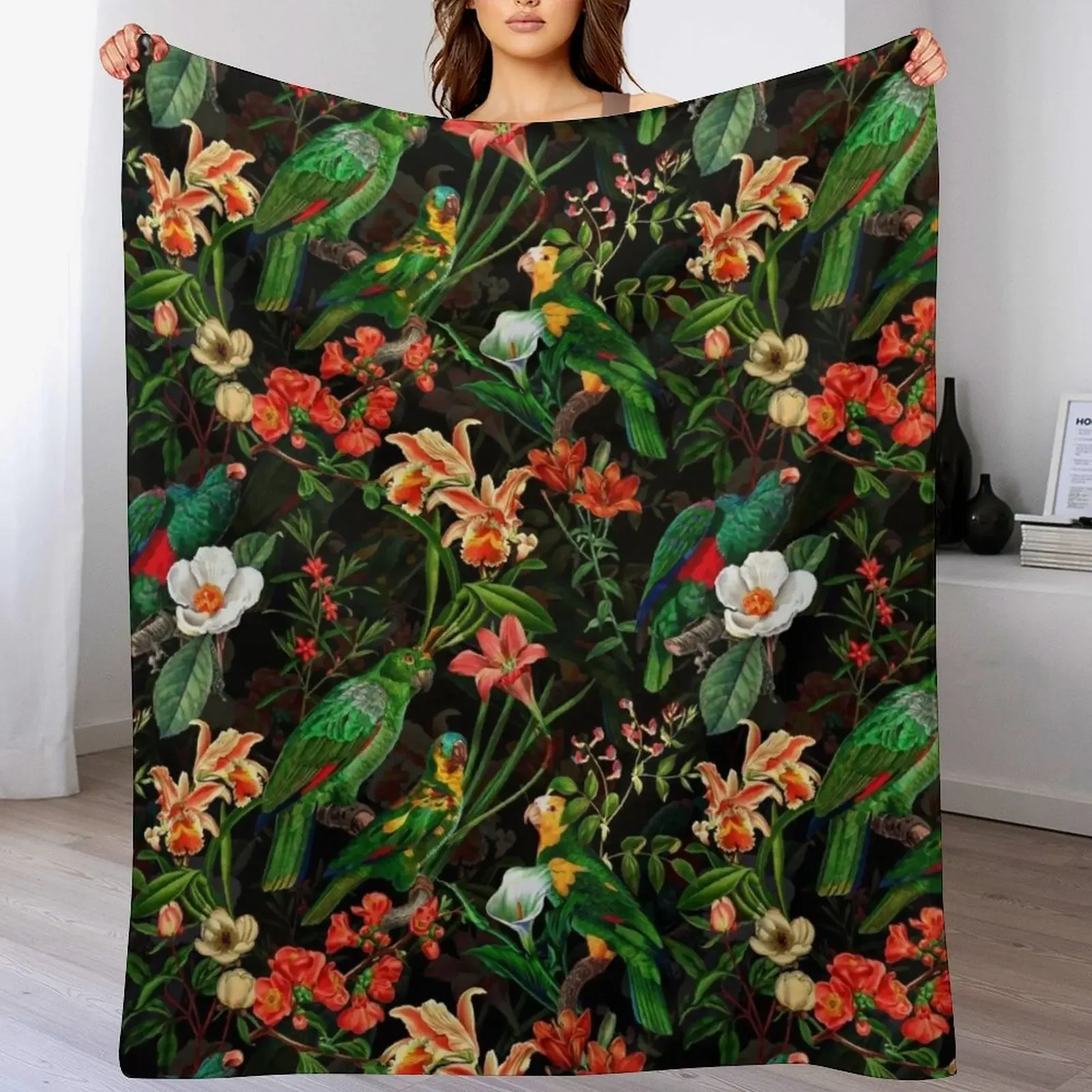 

Pierre Joseph Redoute tropical vintage jungle flowers and parrots nostalgic seamless mystic pattern Throw Blanket manga Blankets