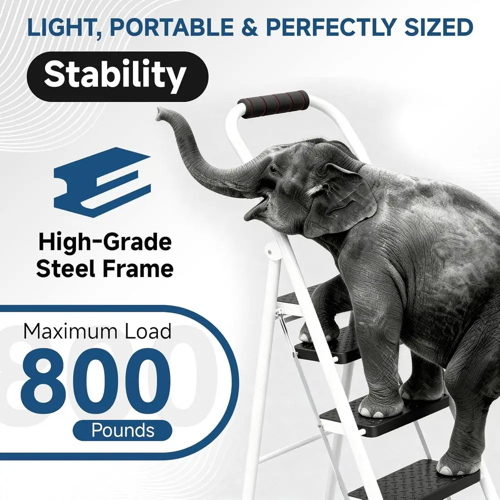 Échelle pliante avec marches antidérapantes, pieds en caoutchouc, main courante, verrouillage sécurisé, portable, capacité 800 lb, blanc