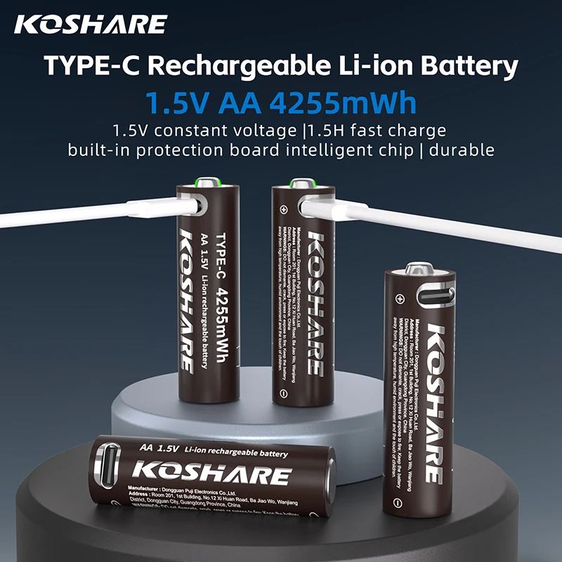 KOSHARE 2-24Pcs 1.5V AA Rechargeable Lithium Batteries 4255mWh 2400mWh High Capacity Li-ion Battery Type-C Port Fast Charging
