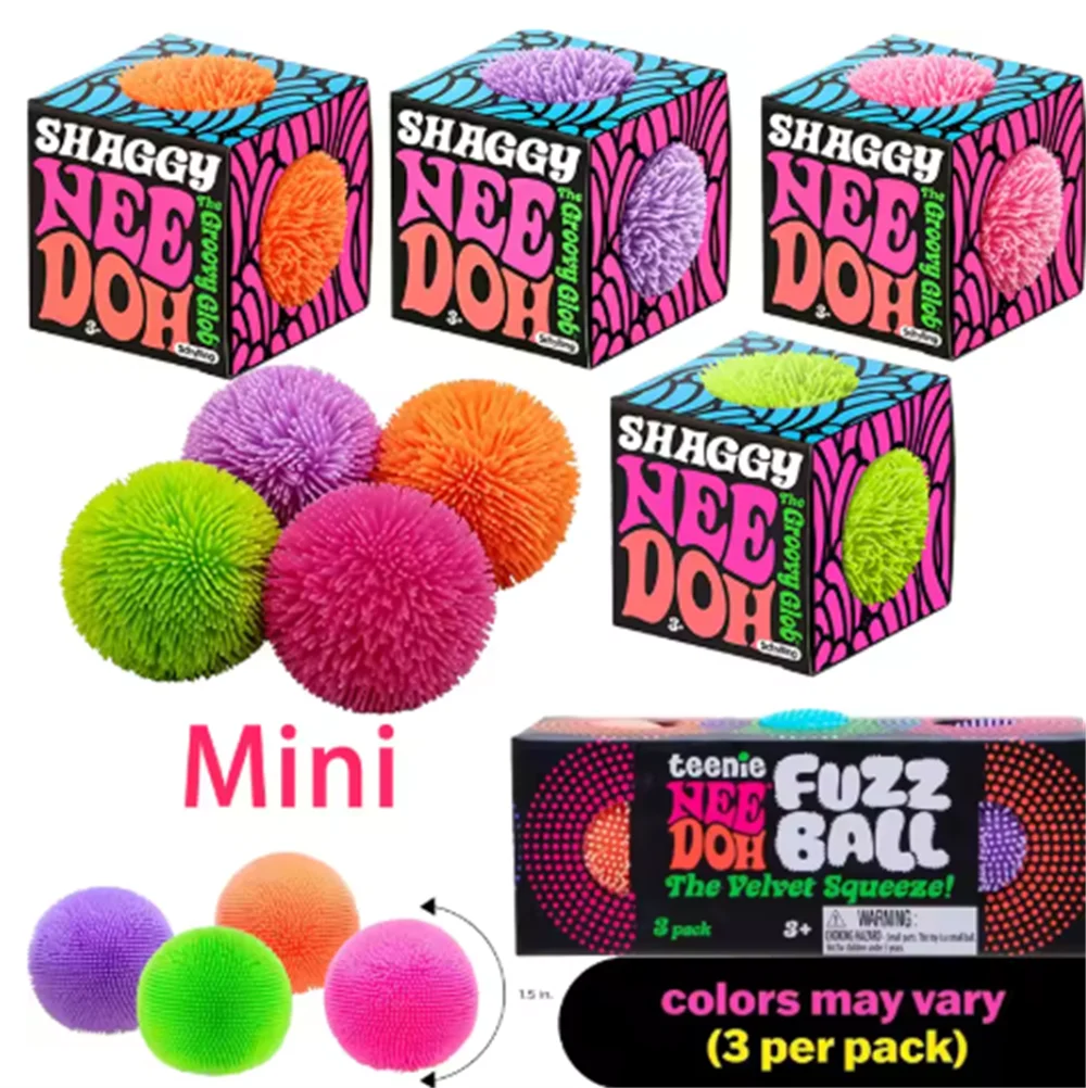 Needoh Shaggy 3 Pack Mini Fuzz Ball Stress Teenie Sensory Toy Colorful Knead Stretch Anxiety Relief ADHD Fidget Toy Leisure Gift
