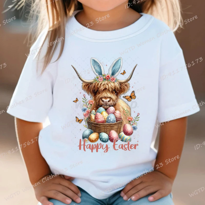 Children Girls Summer T-shirt Cow Happy Easter Print T-Shirt Summer Short Sleeve Tops Cool Soft Solid Color T Shirt Popular Tees