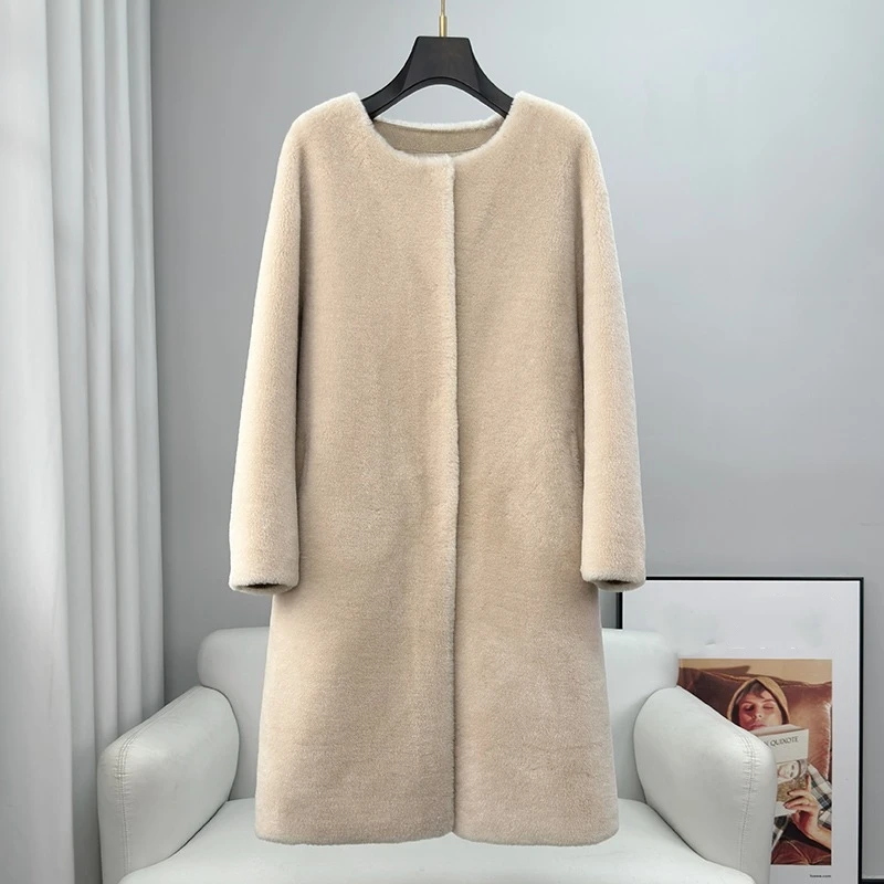 

Pudi New 2024 Fall Winter Women's Real Fur Coat Sheep Shearling Long Round Collar Young Style Lamb Wool Jacket PT428