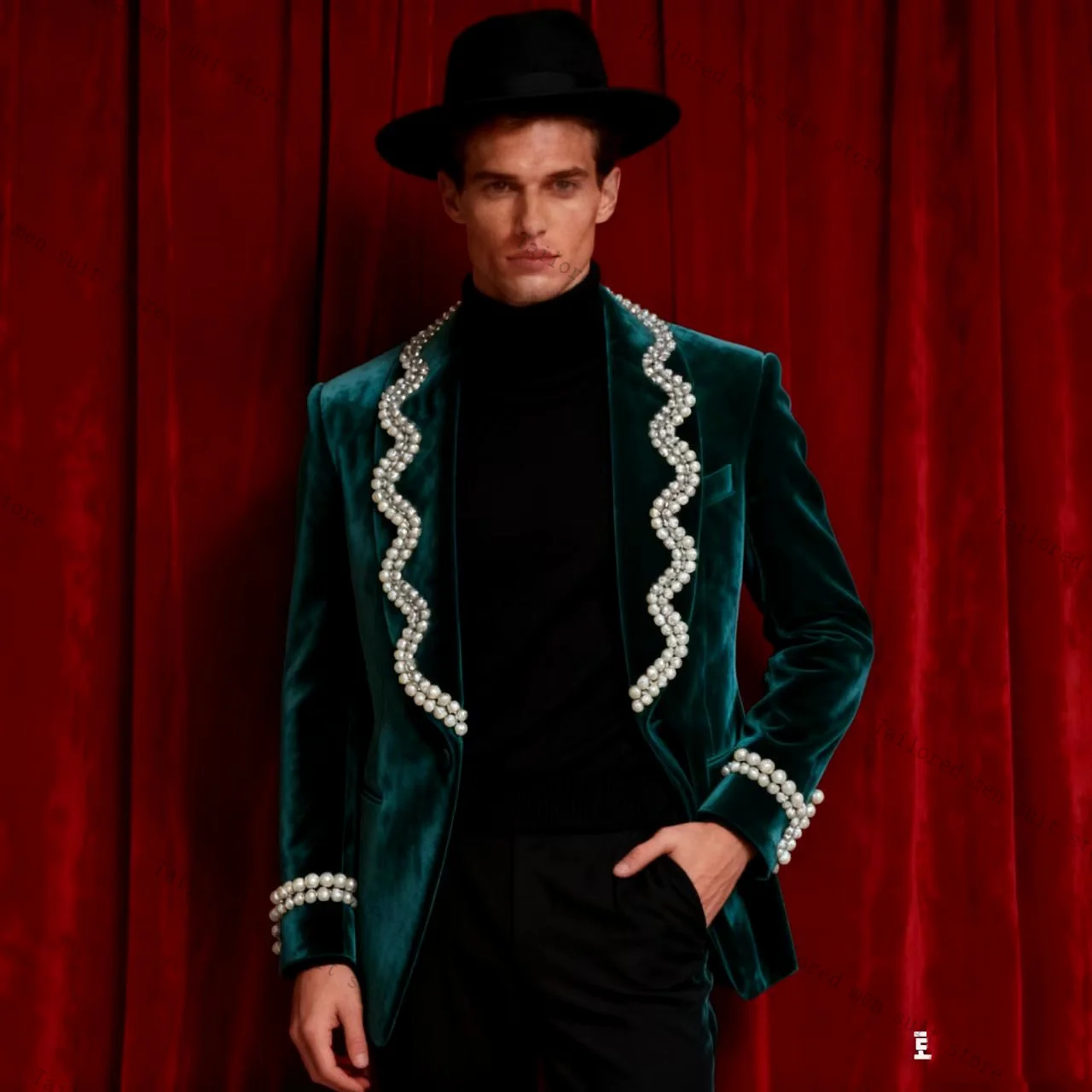 

Black Crystals Men Suits Pants Set 2 Pcs Blazer+Cotton Trousers Groom Wedding Tuxedos Prom Jacket Formal Office Business Coat