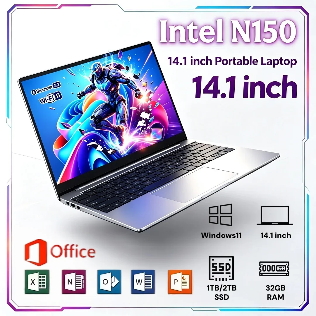 Office Study Portable Laptop Intel N150 14.1 Inch Powerful 16GB/32GB RAM Slim 2026 Windows11 1/2TB Large SSD