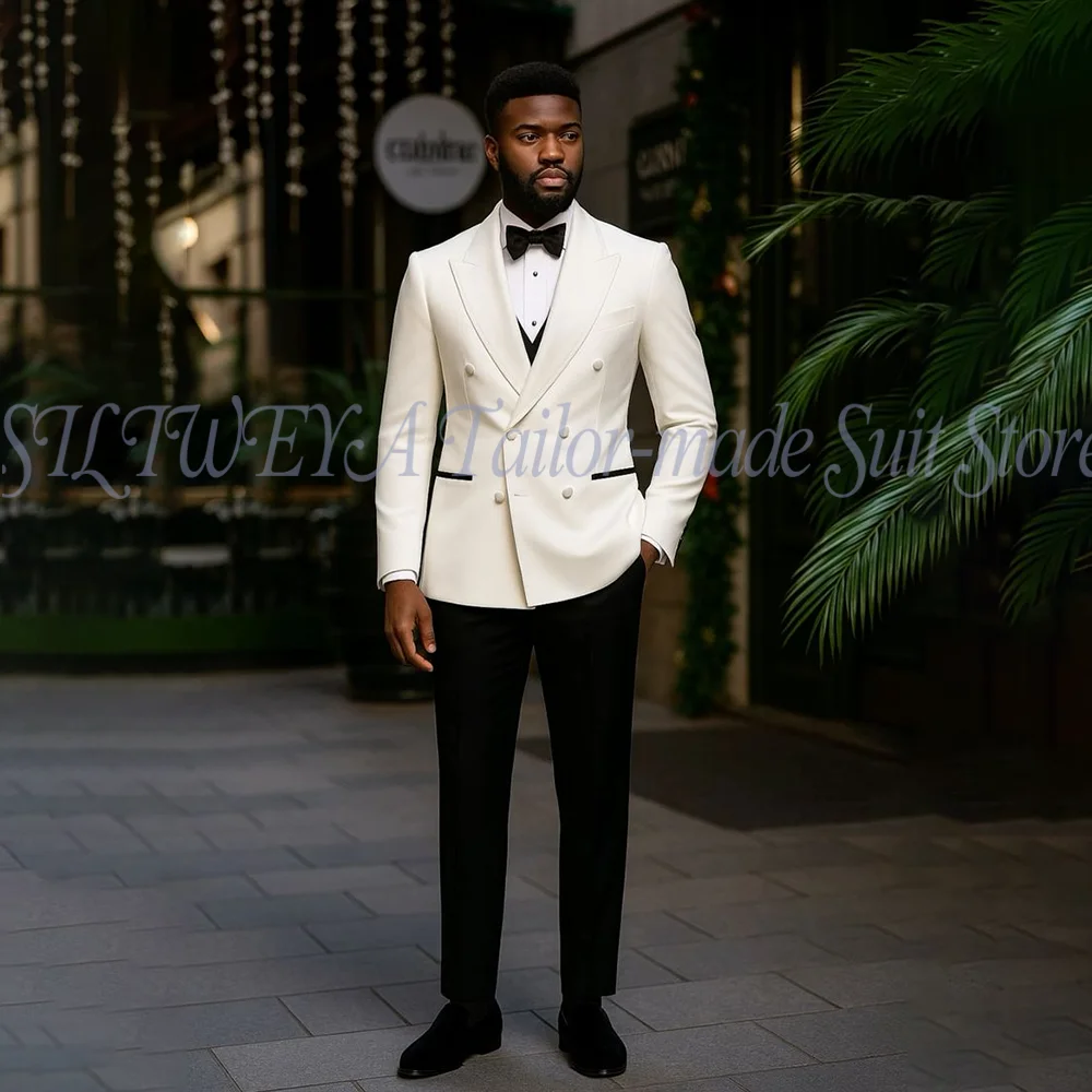 

Wedding Groom Tuxedo Double Breasted Business Casual Slim Fit Full Set Customized Daily 3 Pieces Jacket Pants Vest Traje Hombre