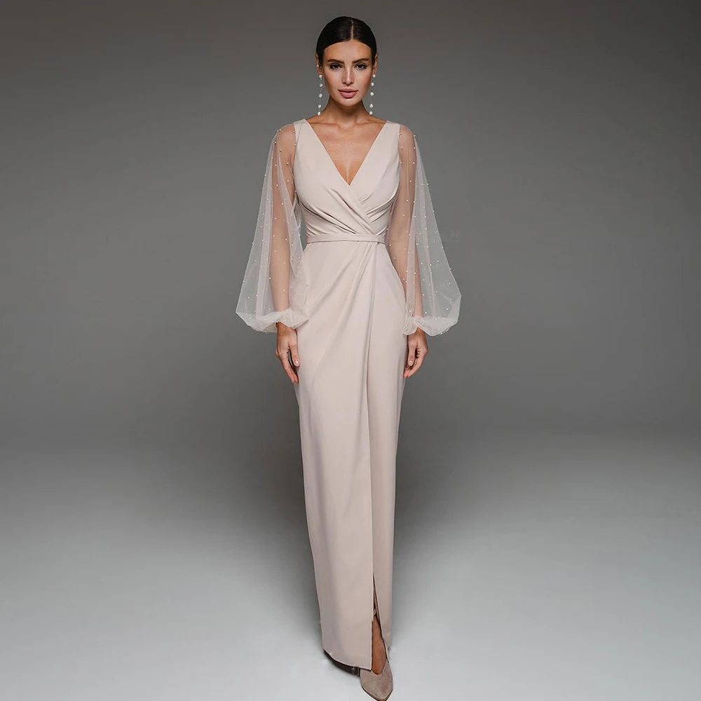 

Sexy Evening Dresses 2025 Women V-Neck Puff Sleeves Long Prom Gowns Side Split Pearls Zipper Mermaid Elegant Formal Party Dress