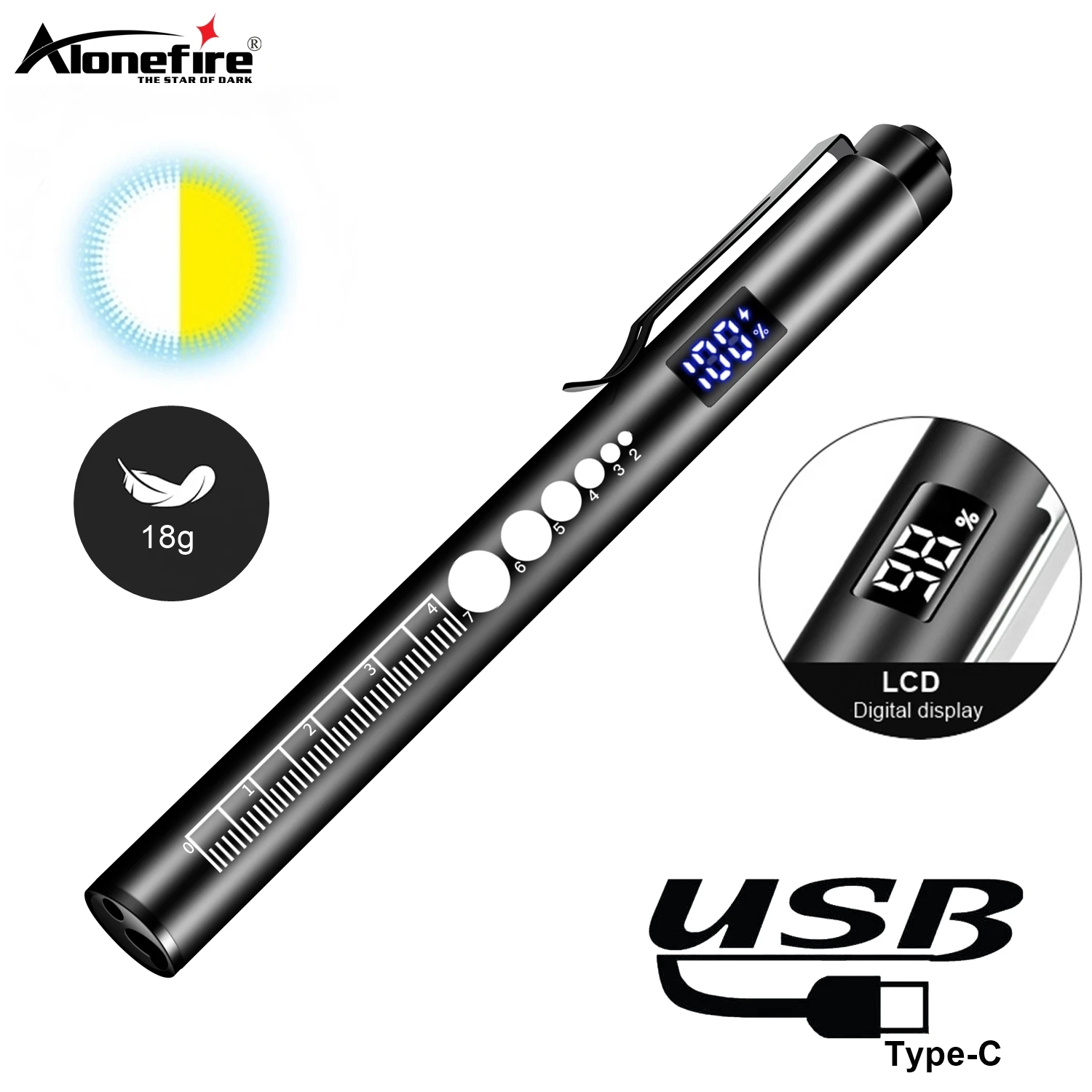 【セール中】LCD 2-in-1 LED ミニ白/黄色ペンライト懐中電灯 USB 充電式目瞳ランプキャンプ子供緊急照明トーチ