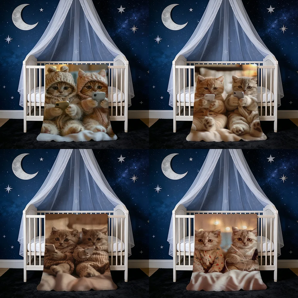 Cute Cat Holding Phone Blanket Blanket for Home Bedroom Bed Sofa Picnic Travel Office Cover Blanket Kids
